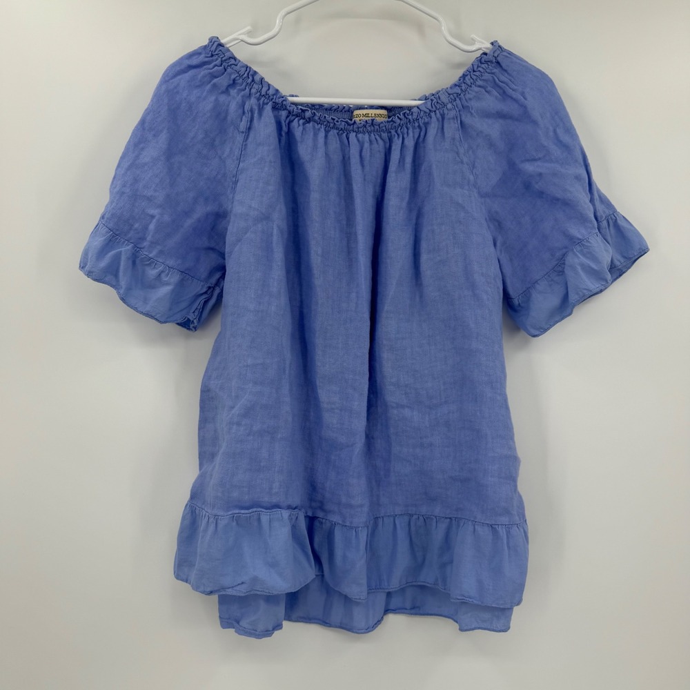 Terzo Millennio Made in Italy Blue Linen Ruffle Blouse Top Large